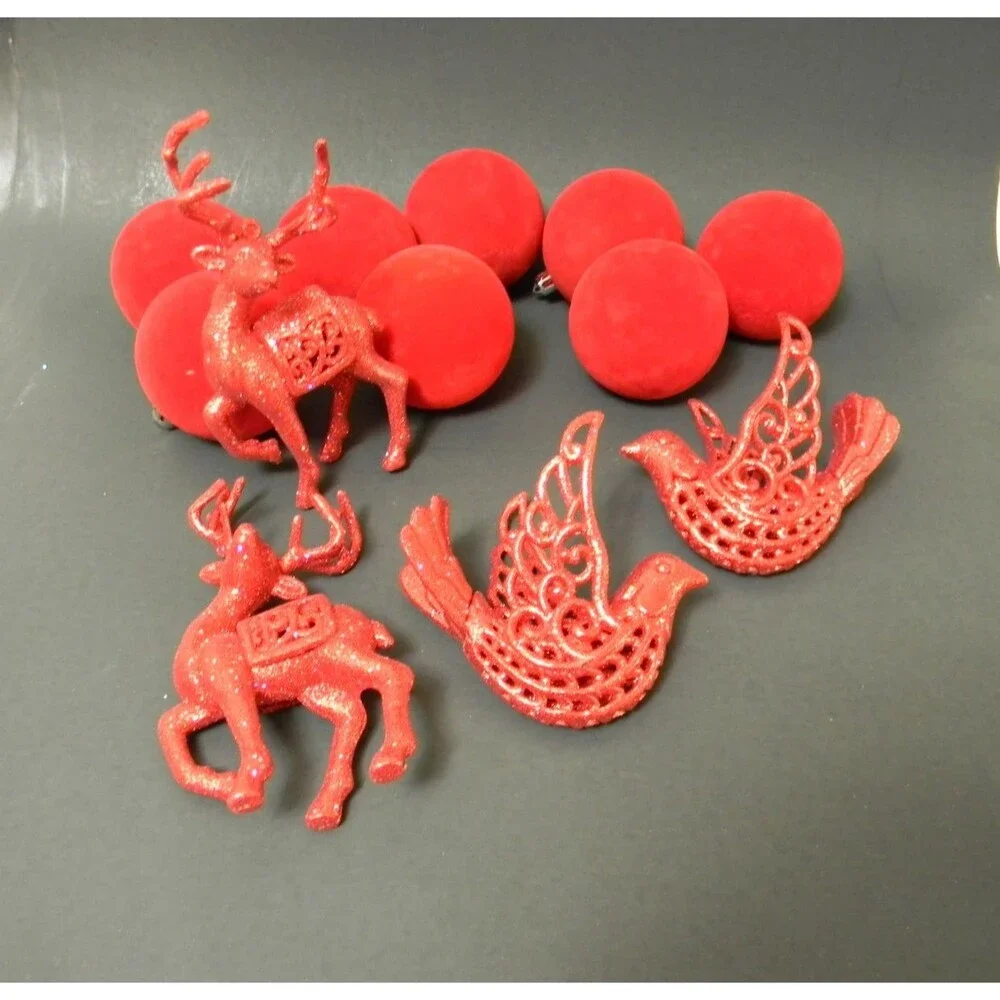 Lot of Shatterproof Christmas Ornaments Round Velvet Glitter Birds Deer